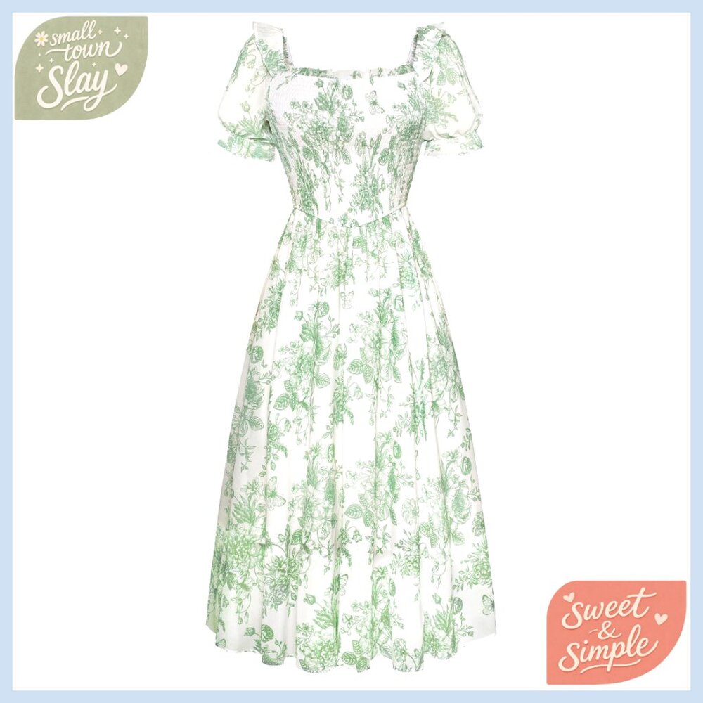 Summer Floral Puff Sleeve Square Neck A-Line Midi Dress Wedding Guest